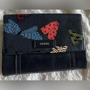 Fossil Navy Blue Leather Butterfly TriFold Snap Wallet